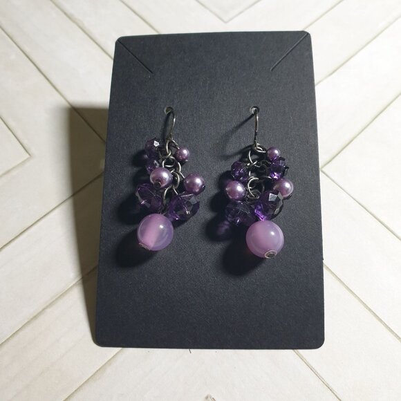 Handmade Jewelry - Vintage Purple Beaded Dangle Earrings Cluster Women Costume Retro Hook Closure